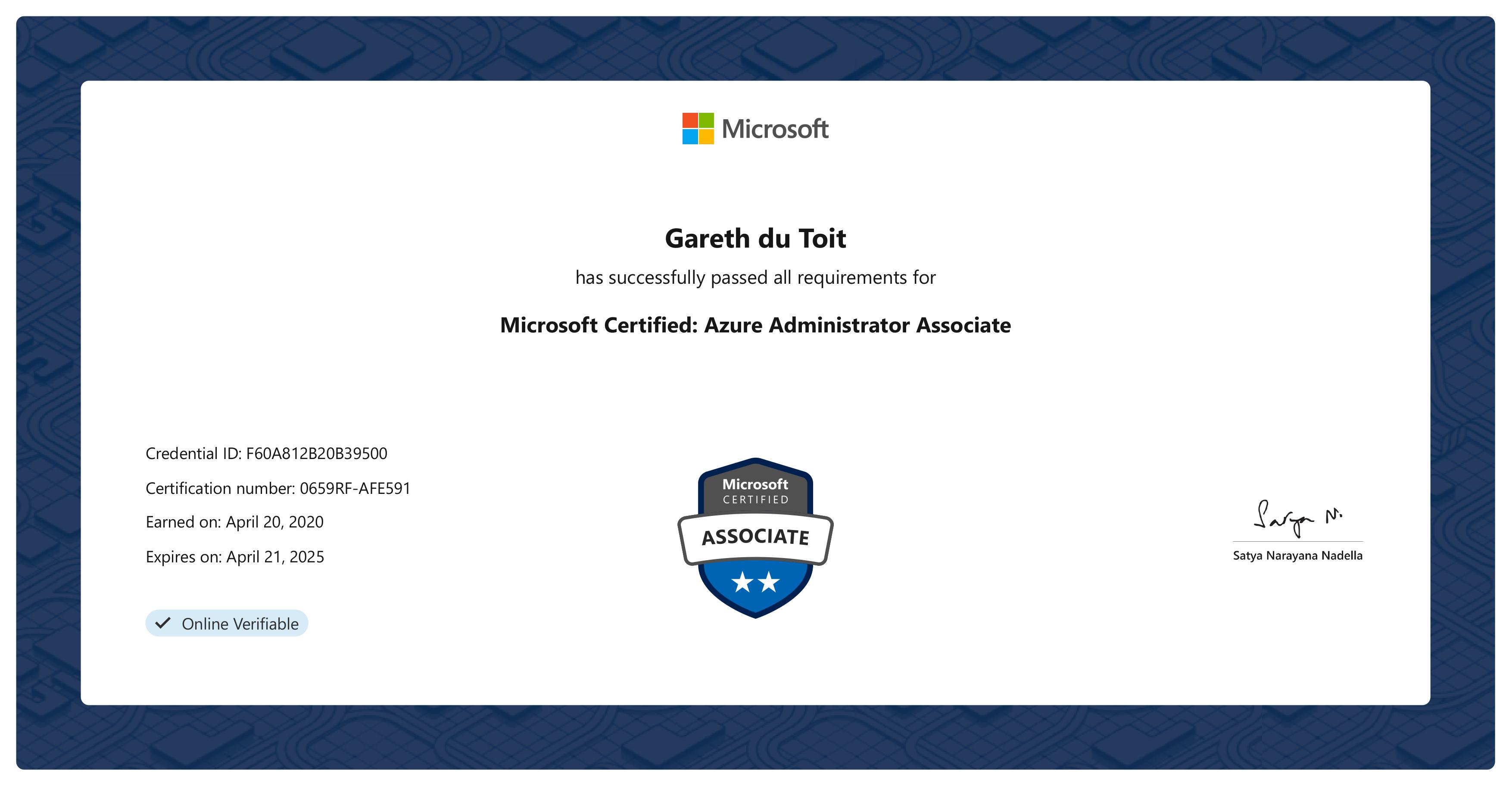 https://learn.microsoft.com/api/credentials/share/en-us/GarethduToit-7341/F60A812B20B39500?sharingId=39F884E4C1A824EE